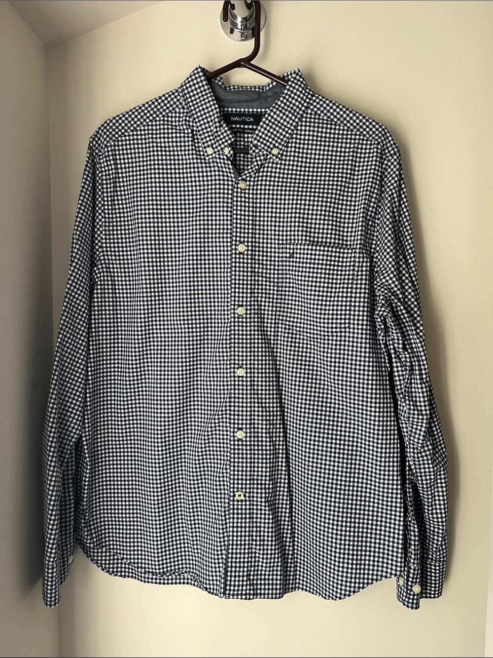 Nautica Men’s Navy and White Gingham Button-Down Shirt